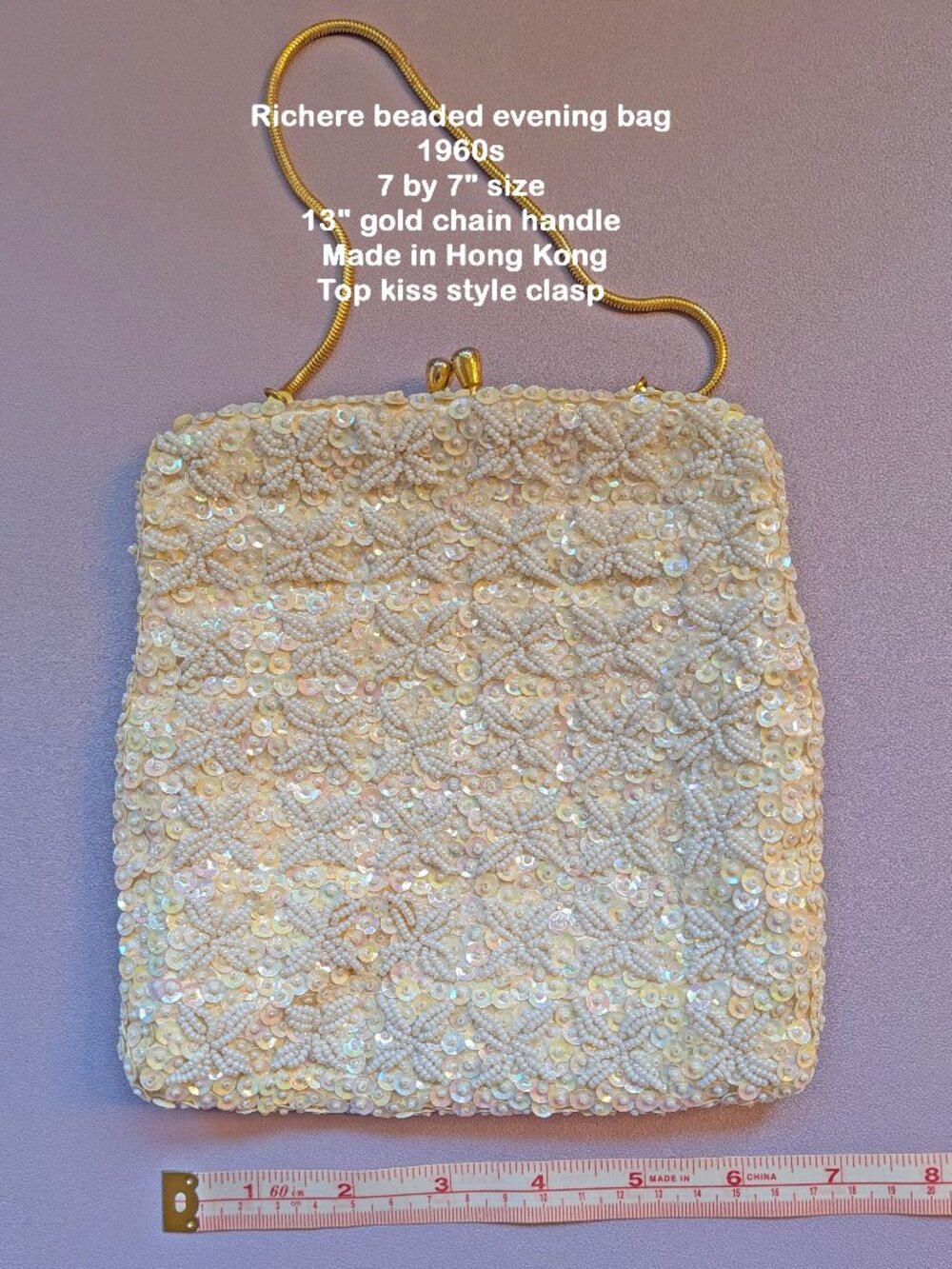 Richere beaded evening bag, 1960s, 7 by 7", 13" gold chain, Made Hong Kong